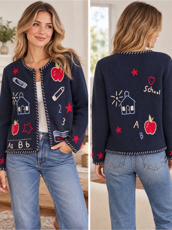 Fibreworks Sweaters - Vintage Navy School-Themed Button Cardigan Sweater size Medium